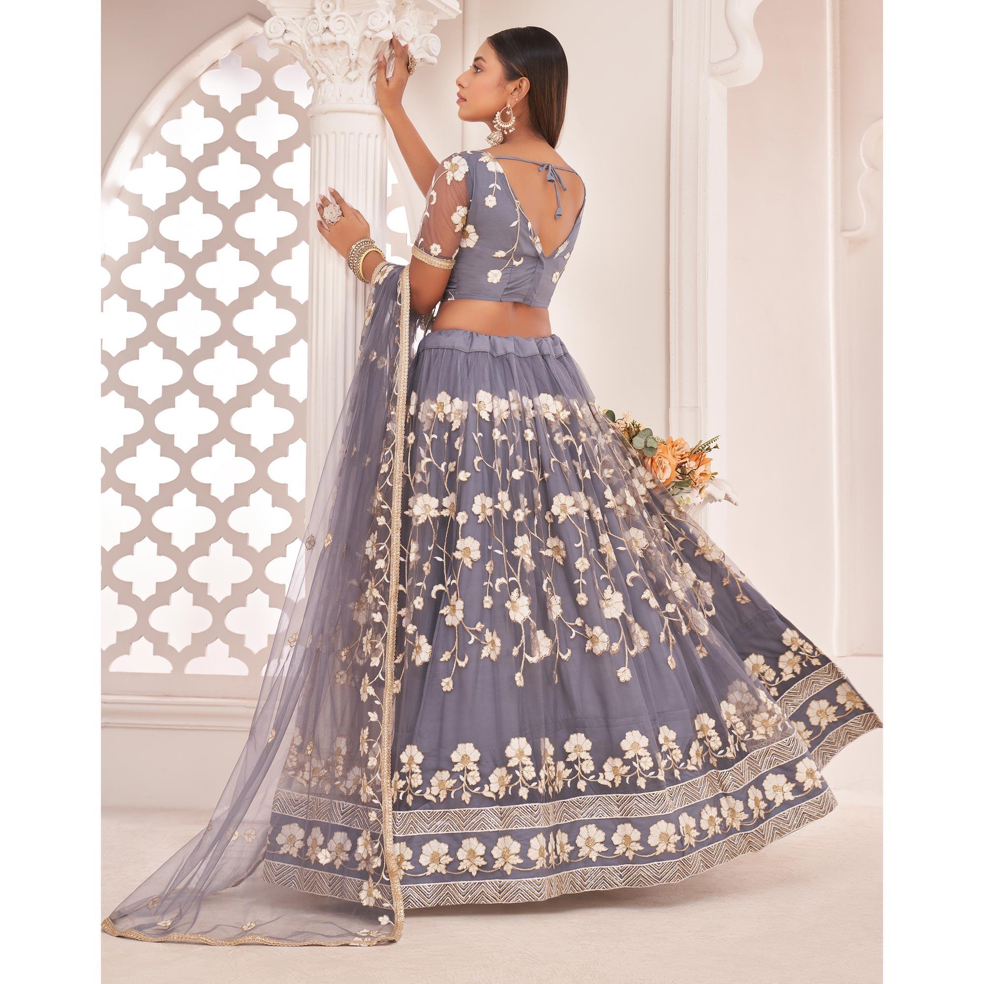 Grey Floral Sequence Embroidered Net Lehenga Choli - Peachmode