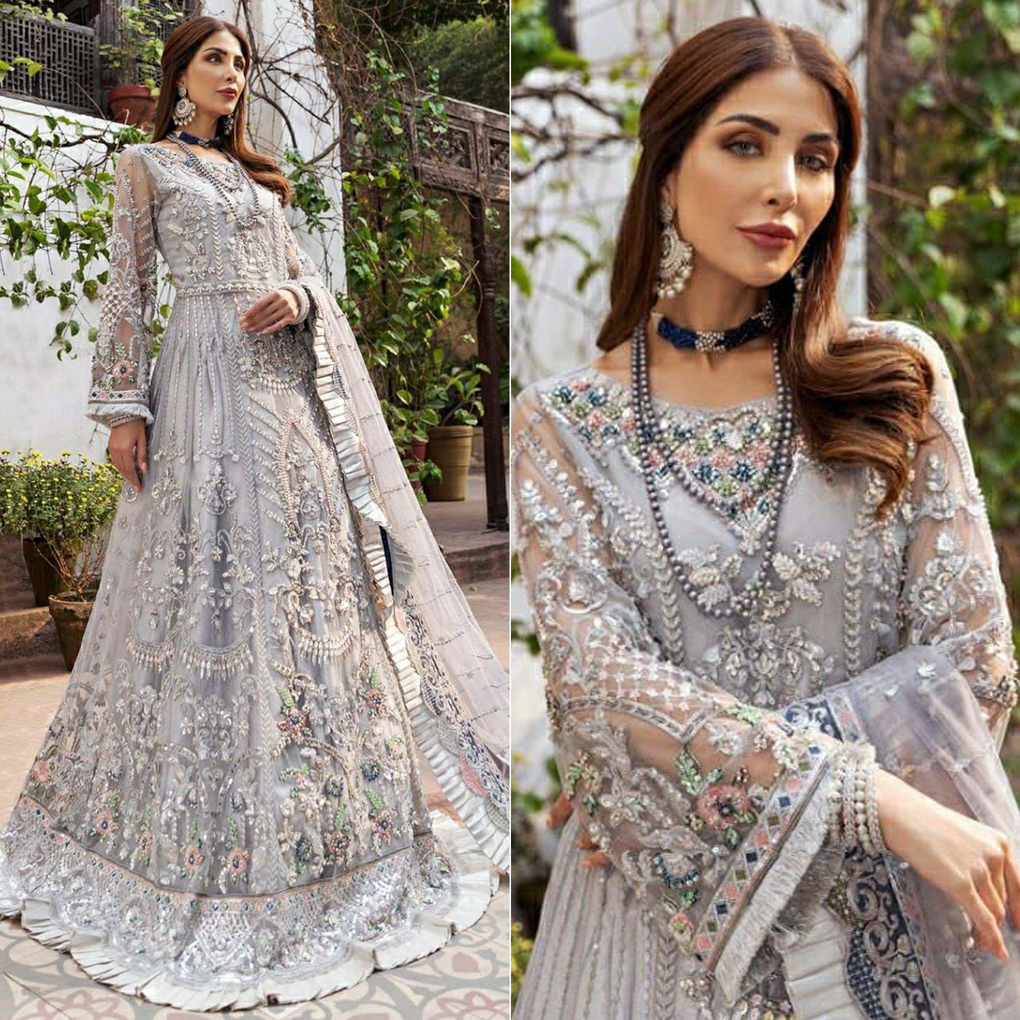 Grey Floral Sequence Embroidered Net Pakistani Suit - Peachmode