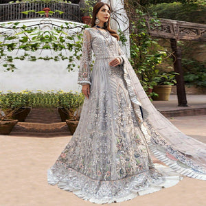 Grey Floral Sequence Embroidered Net Pakistani Suit - Peachmode