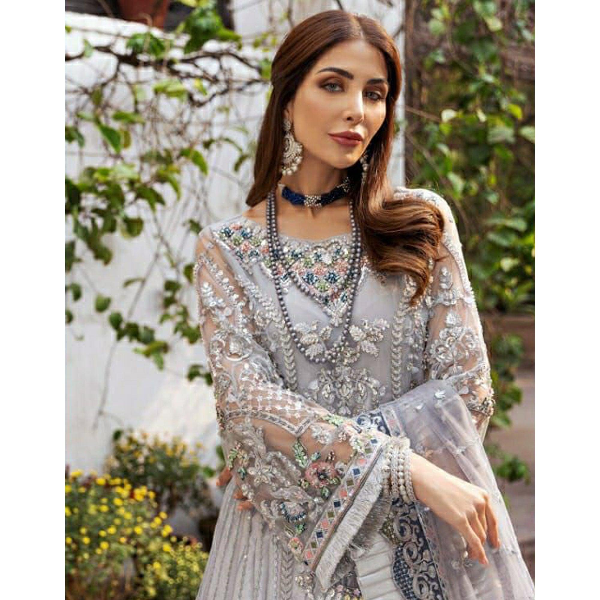 Grey Floral Sequence Embroidered Net Pakistani Suit - Peachmode