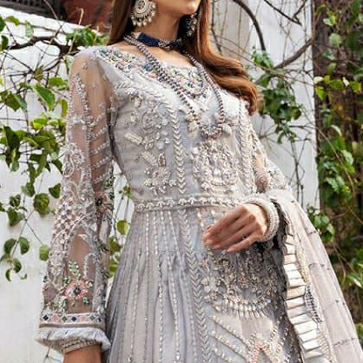 Grey Floral Sequence Embroidered Net Pakistani Suit - Peachmode