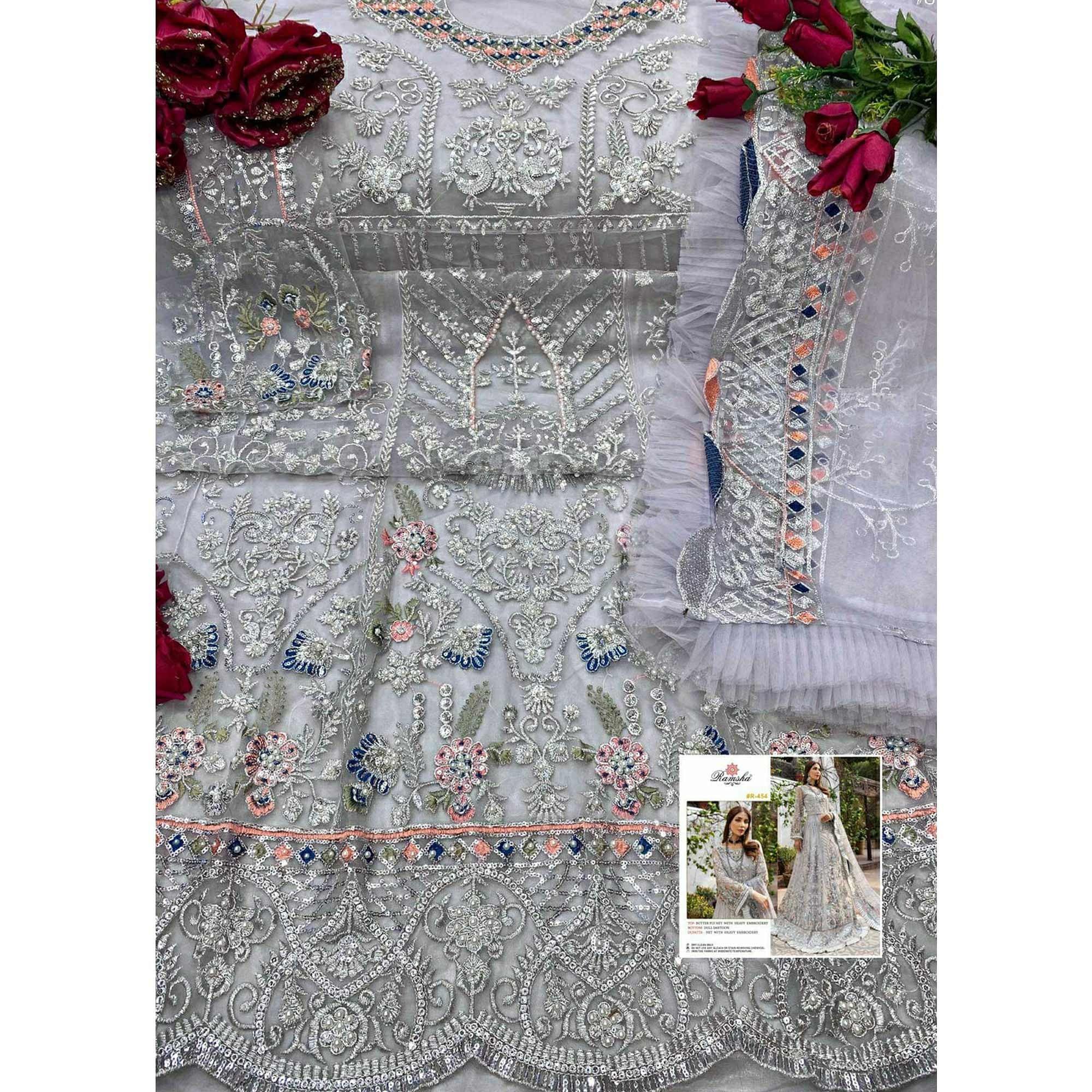 Grey Floral Sequence Embroidered Net Pakistani Suit - Peachmode