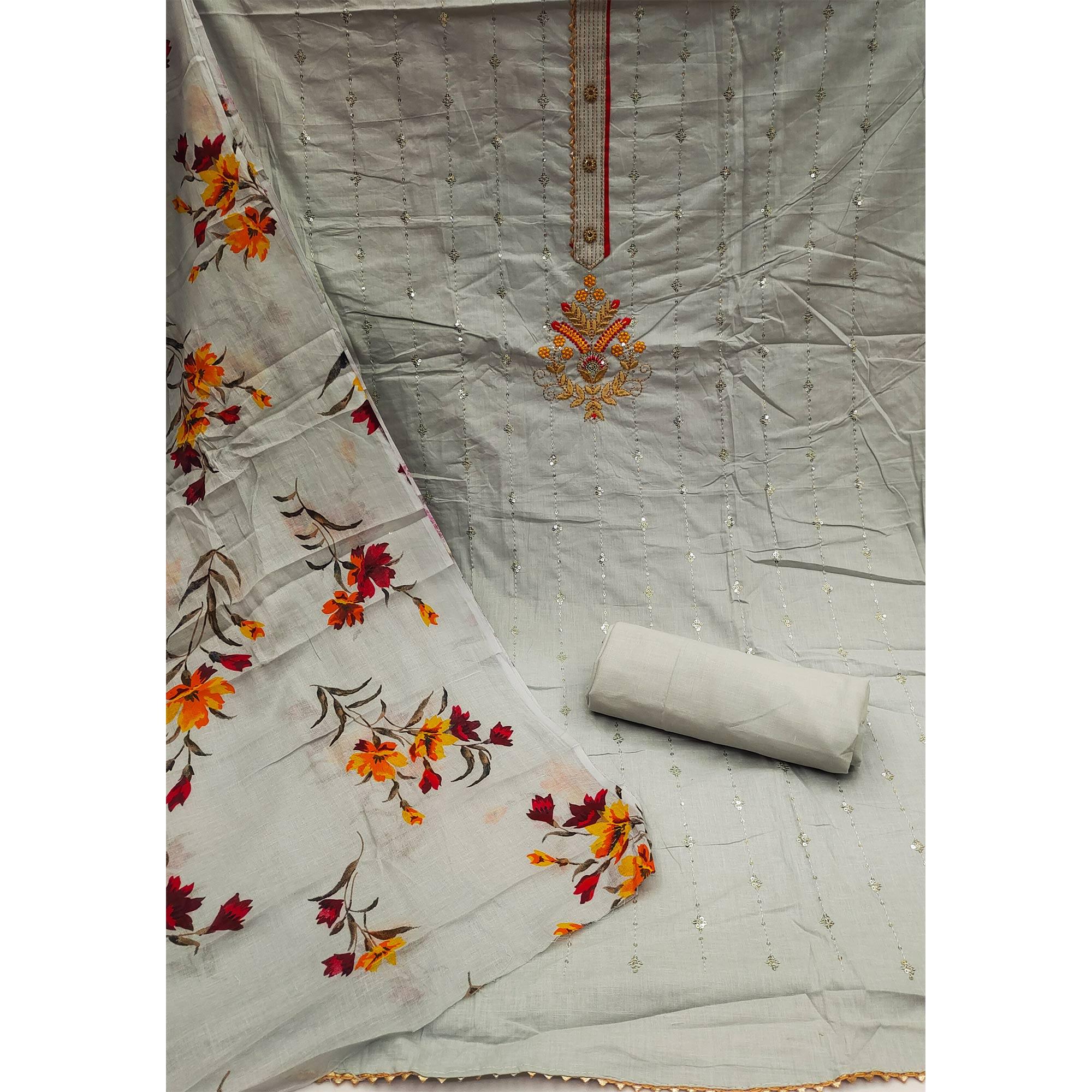 Grey Floral Sequence Embroidered Pure Cotton Dress Material - Peachmode