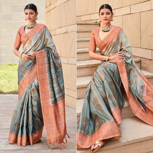 Grey Floral Woven Art Silk Saree - Peachmode