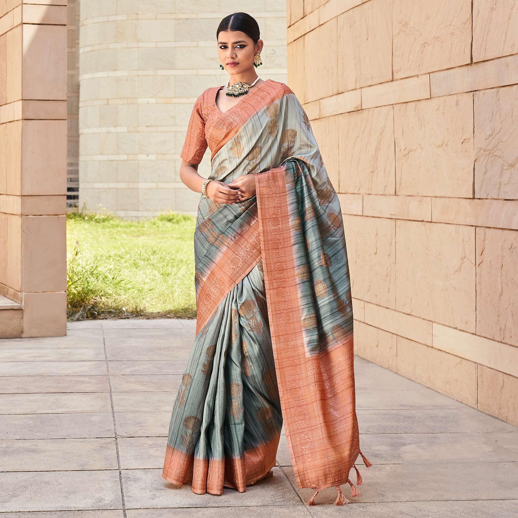 Grey Floral Woven Art Silk Saree - Peachmode