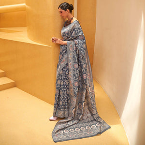 Grey Floral Woven Art Silk Saree - Peachmode