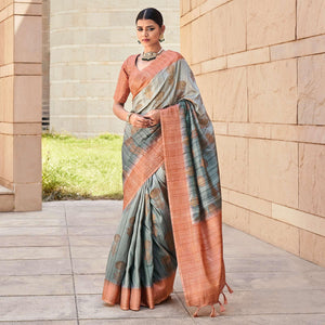 Grey Floral Woven Art Silk Saree - Peachmode
