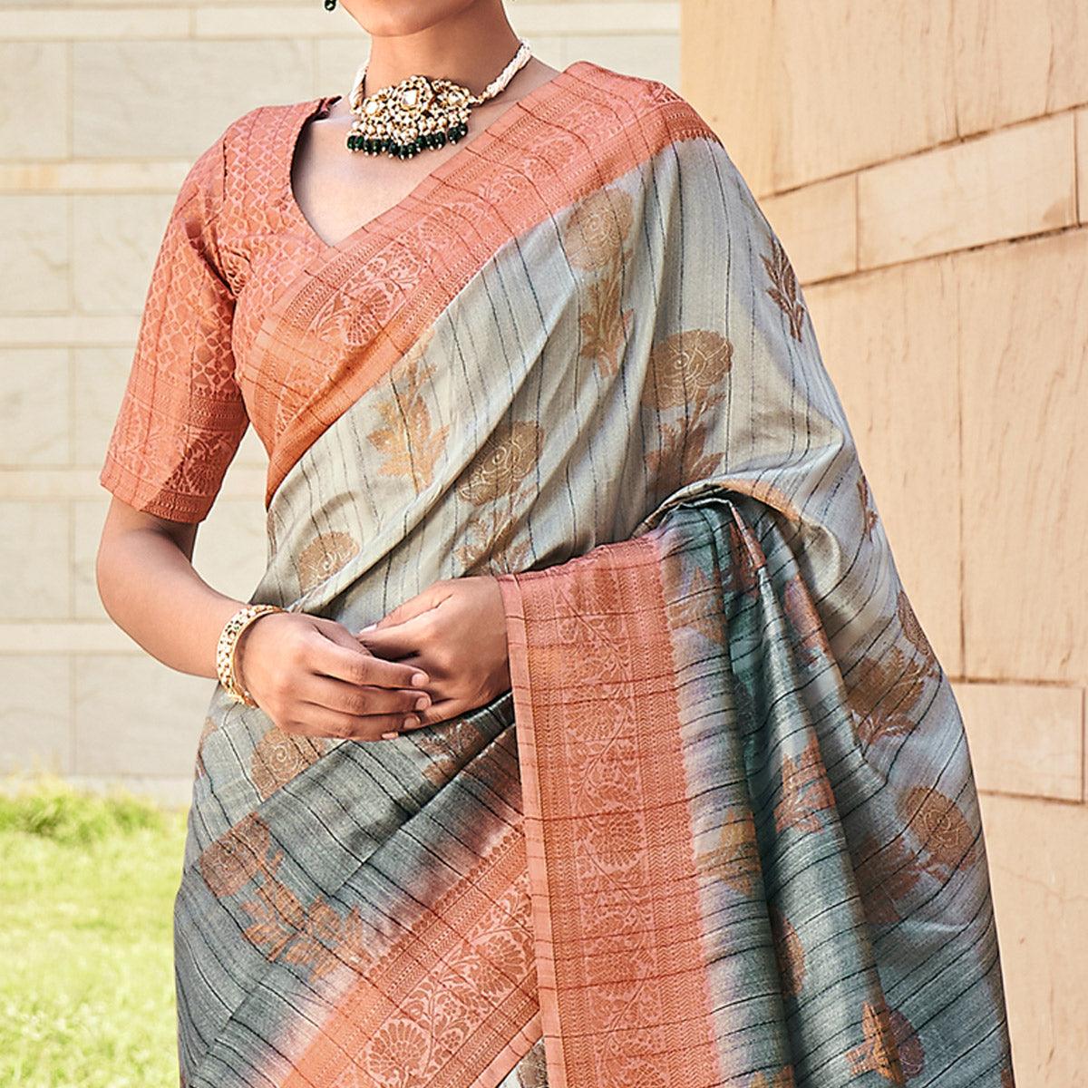 Grey Floral Woven Art Silk Saree - Peachmode