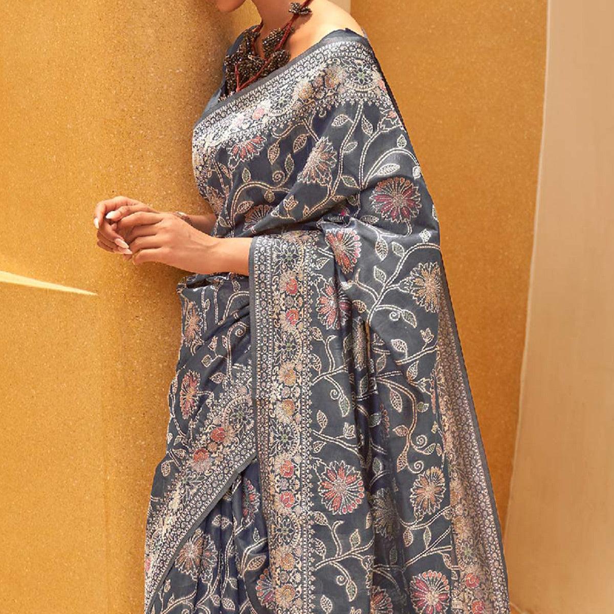 Grey Floral Woven Art Silk Saree - Peachmode