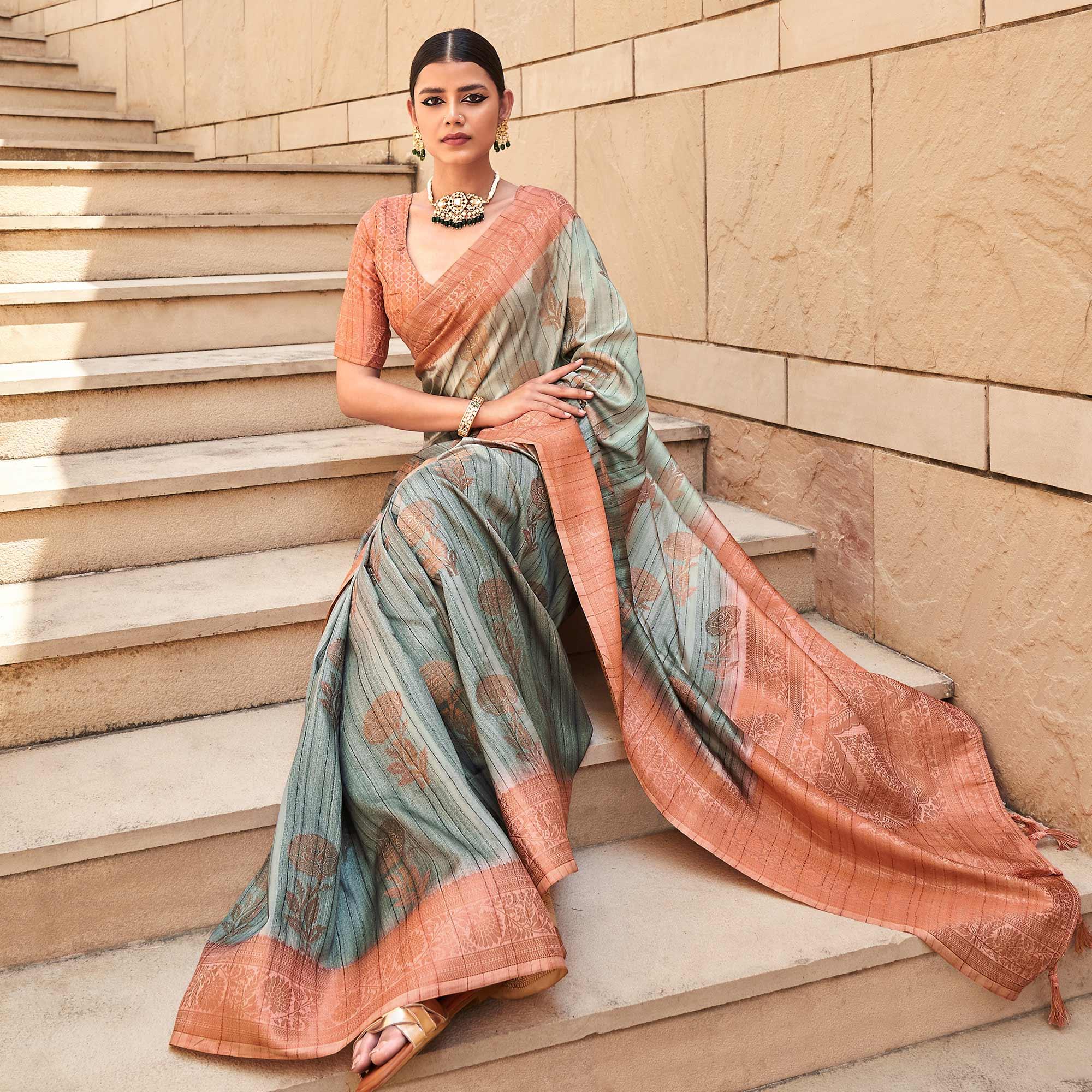 Grey Floral Woven Art Silk Saree - Peachmode