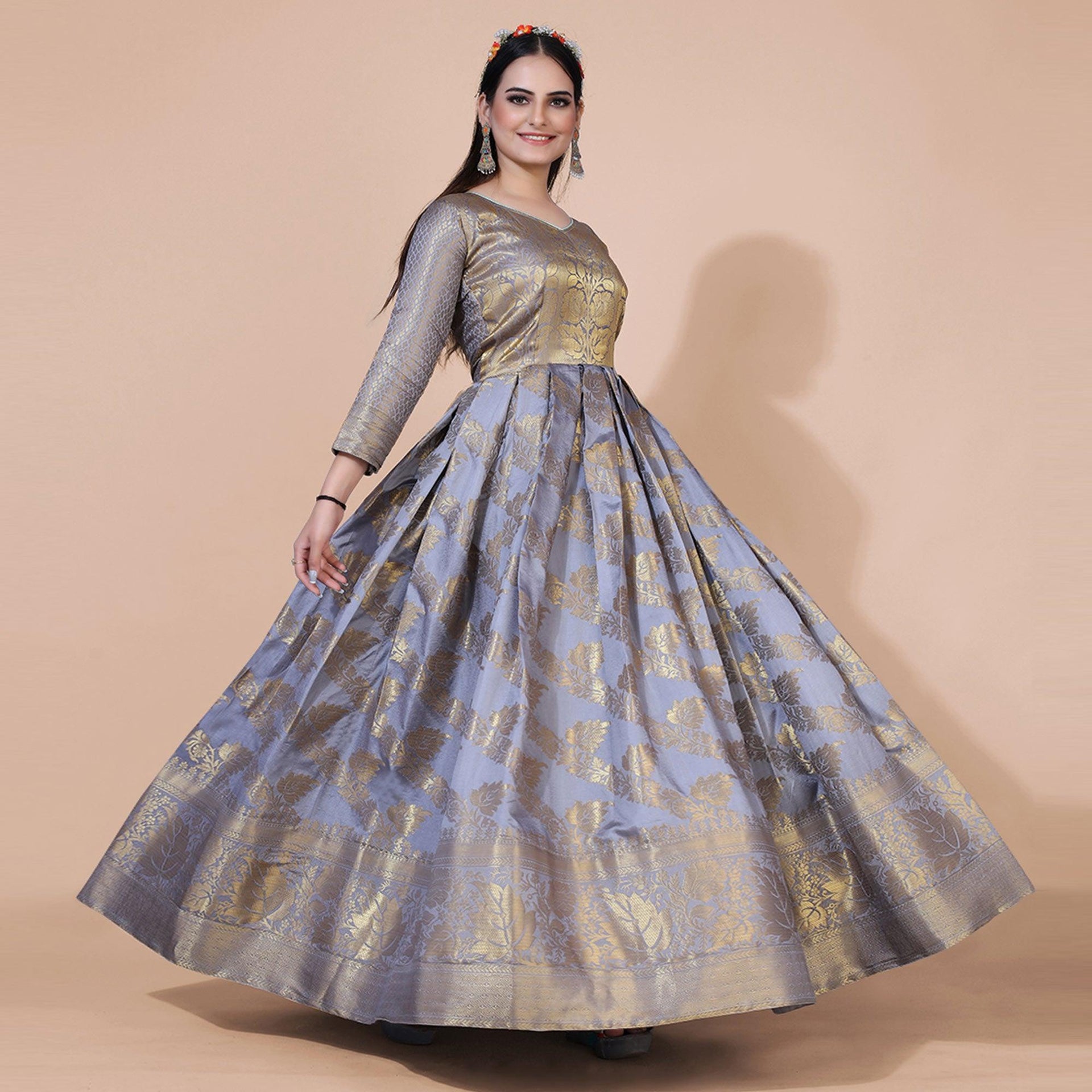 Grey Floral Woven Jacquard Anarkali Style Gown