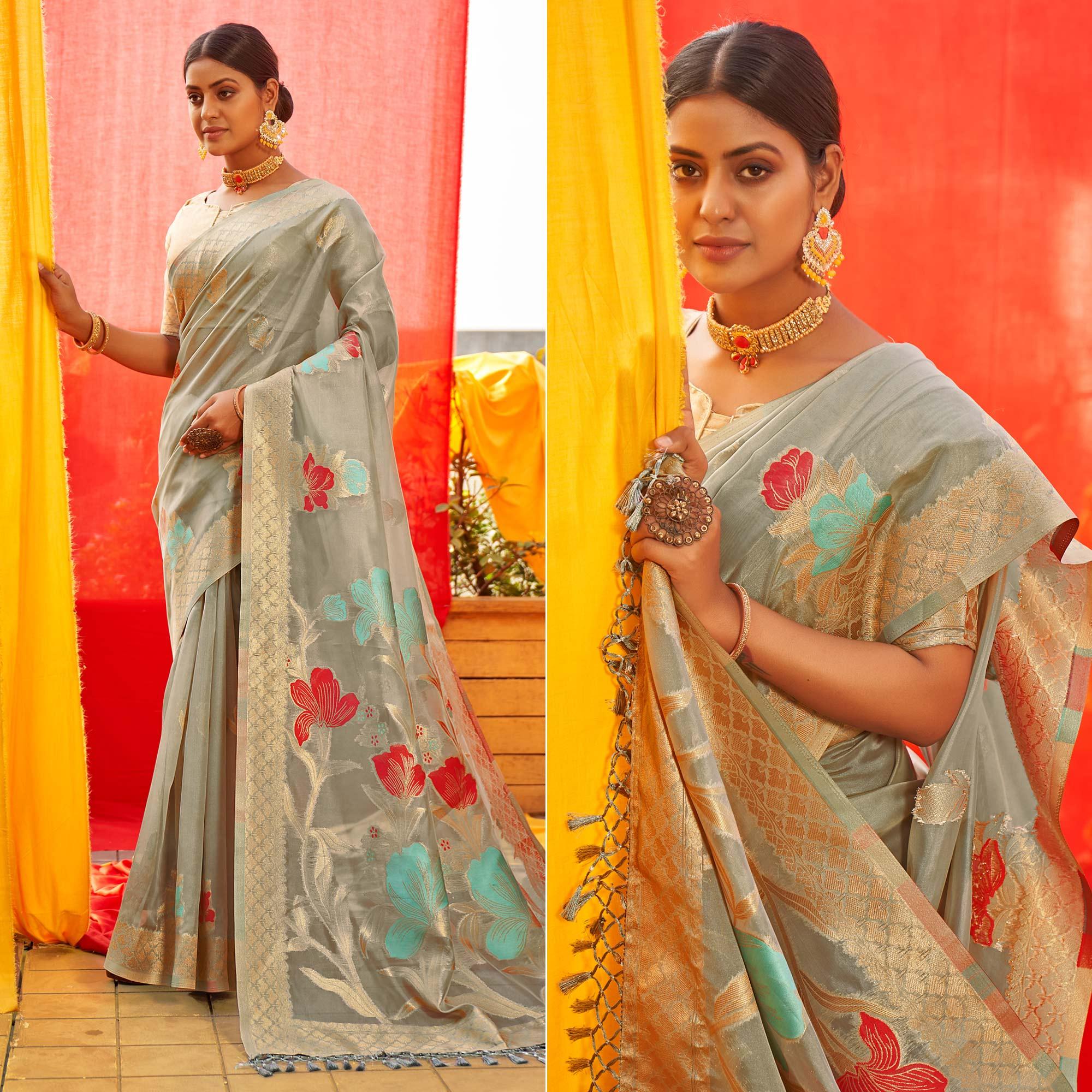 Grey Floral Woven Organza Saree - Peachmode