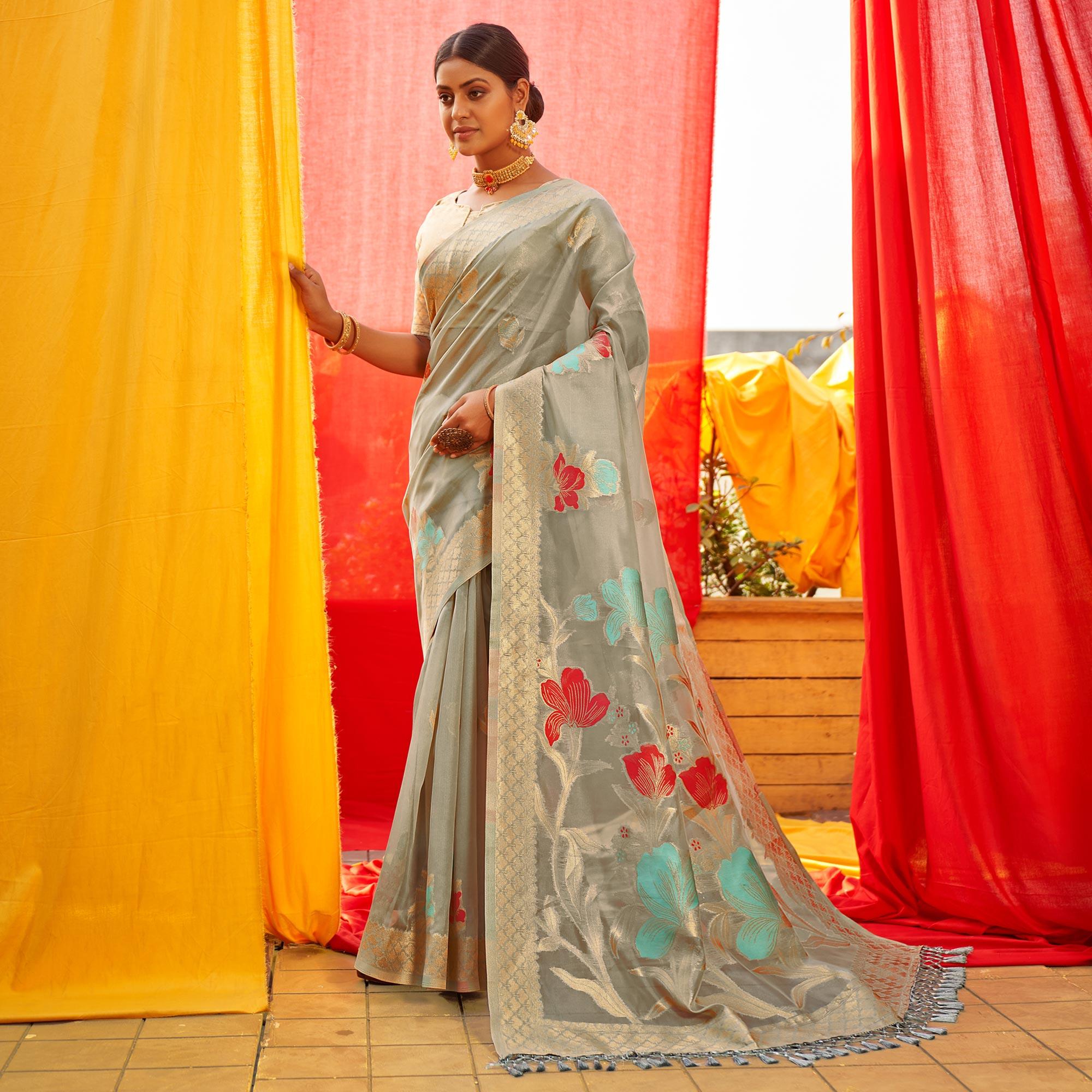 Grey Floral Woven Organza Saree - Peachmode