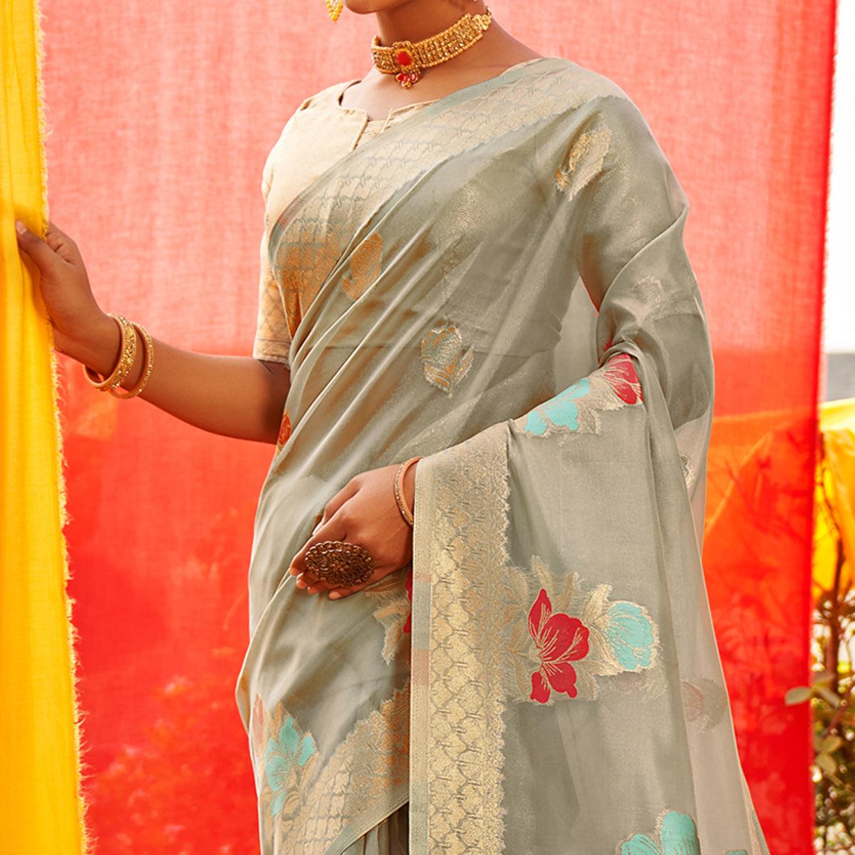 Grey Floral Woven Organza Saree - Peachmode