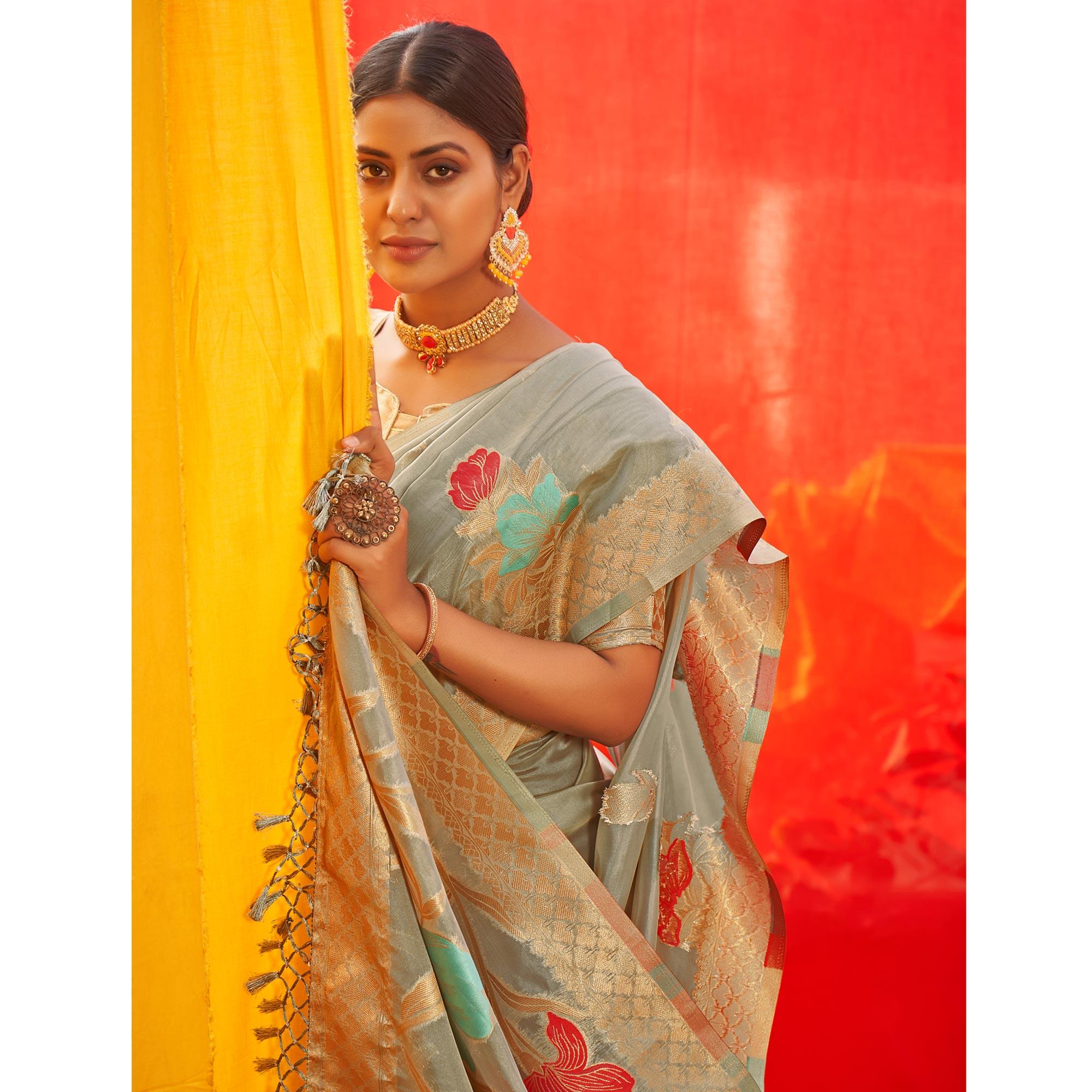 Grey Floral Woven Organza Saree - Peachmode