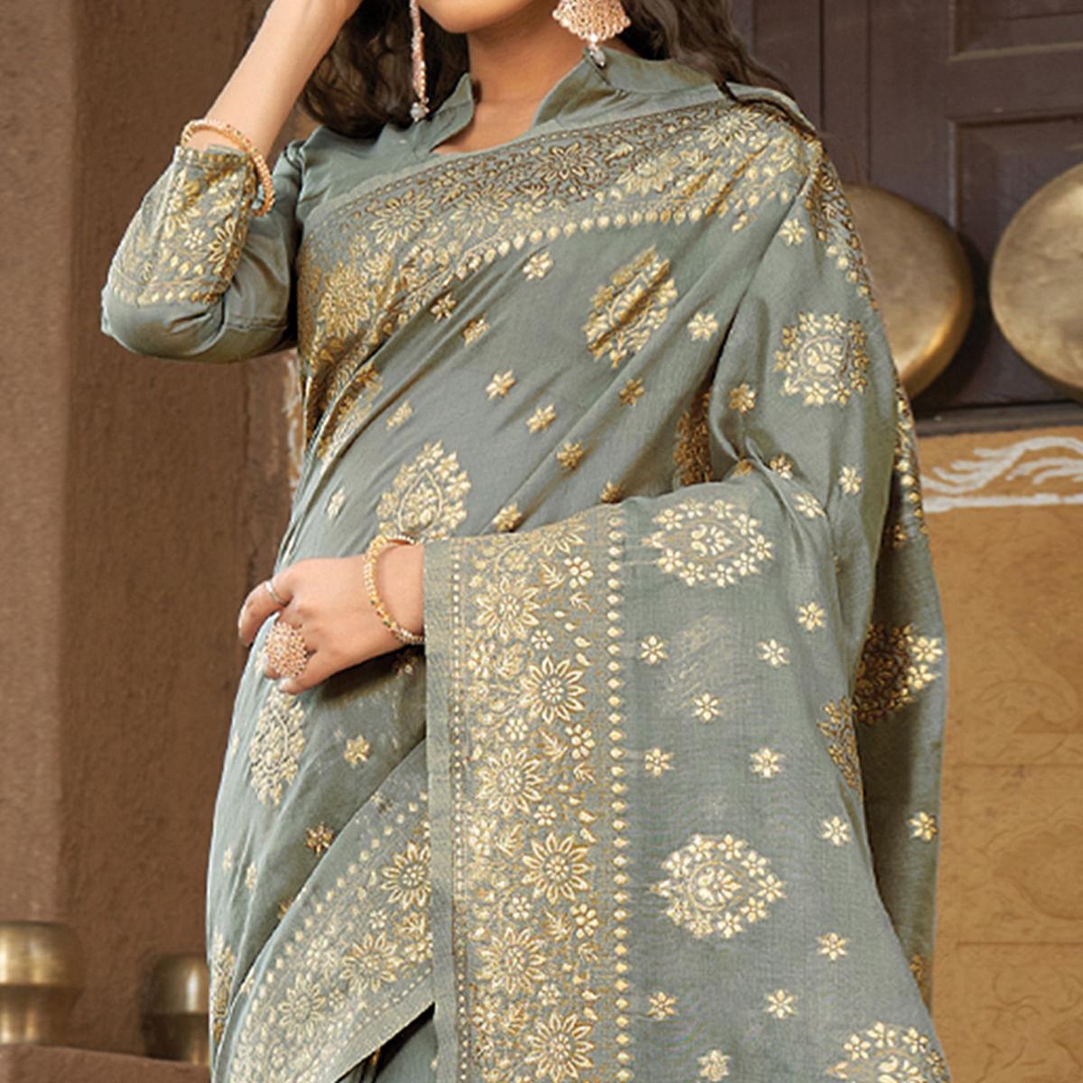 Grey Floral Woven Pure Cotton Saree - Peachmode