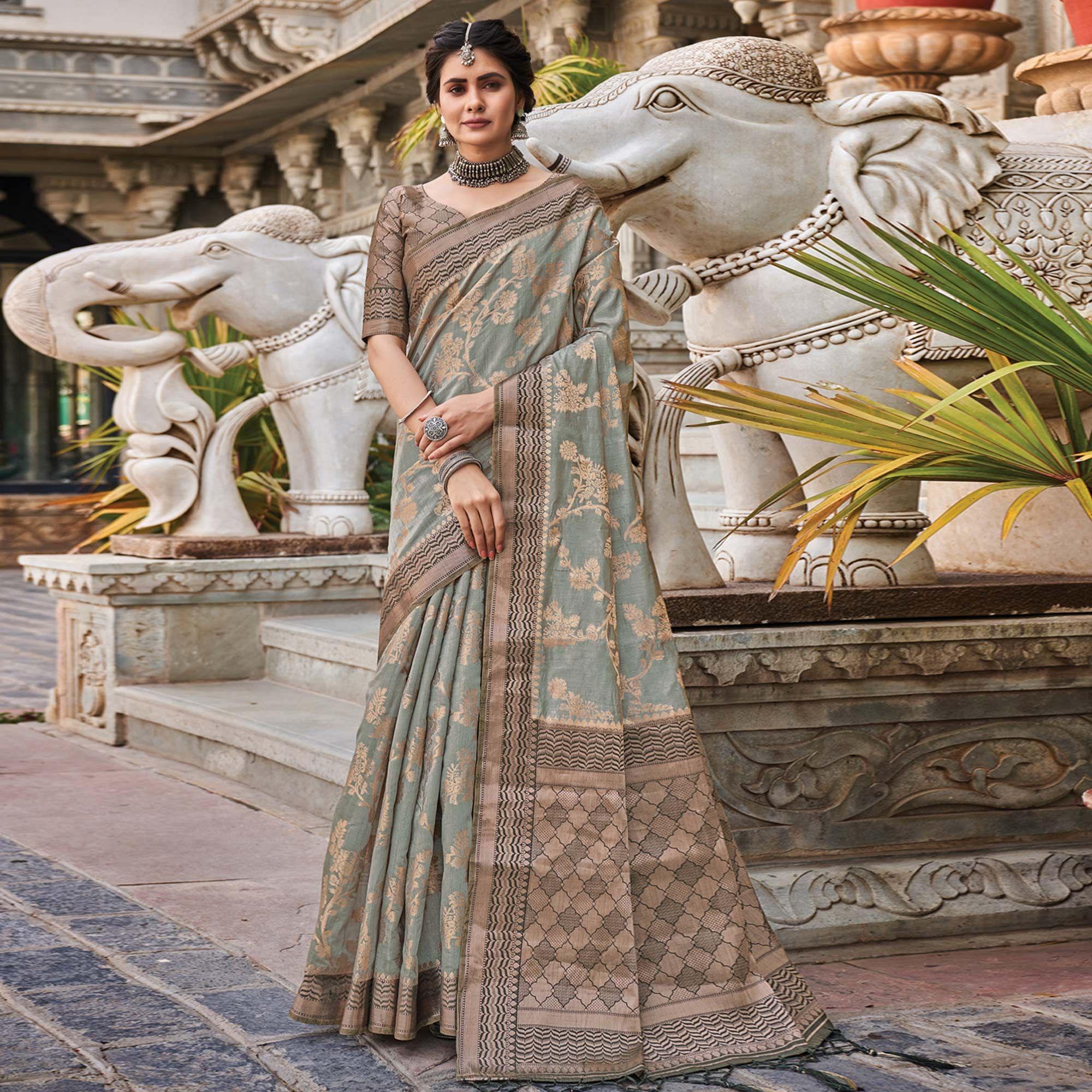 Grey Floral Woven Pure Silk Saree - Peachmode