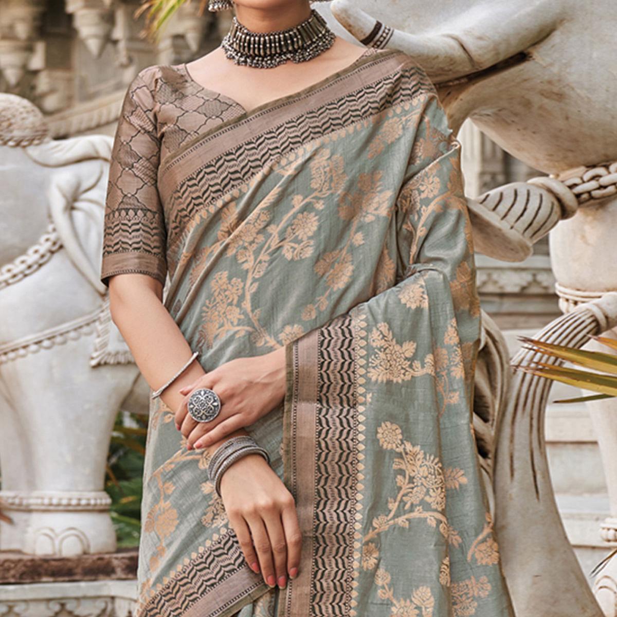 Grey Floral Woven Pure Silk Saree - Peachmode