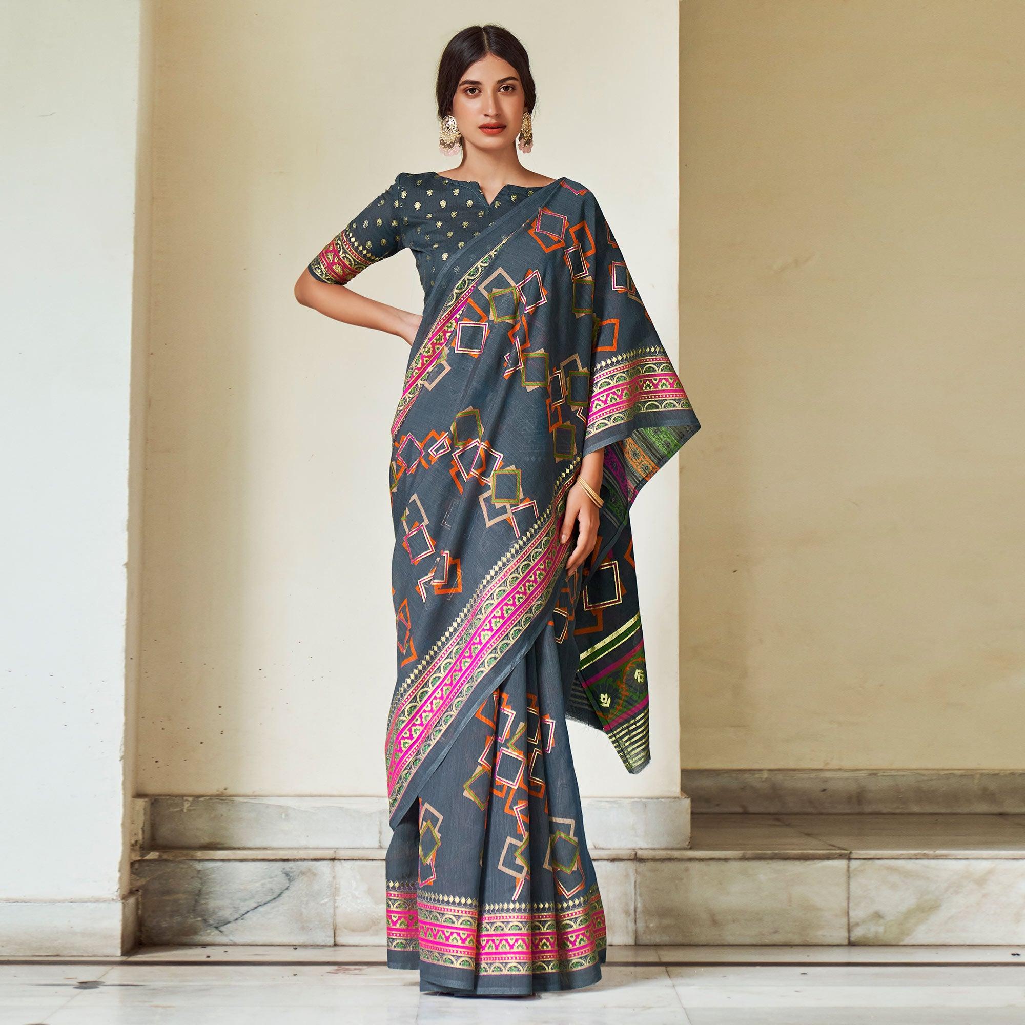 Grey Foil Digital Printed Poly Cotton Saree - Peachmode