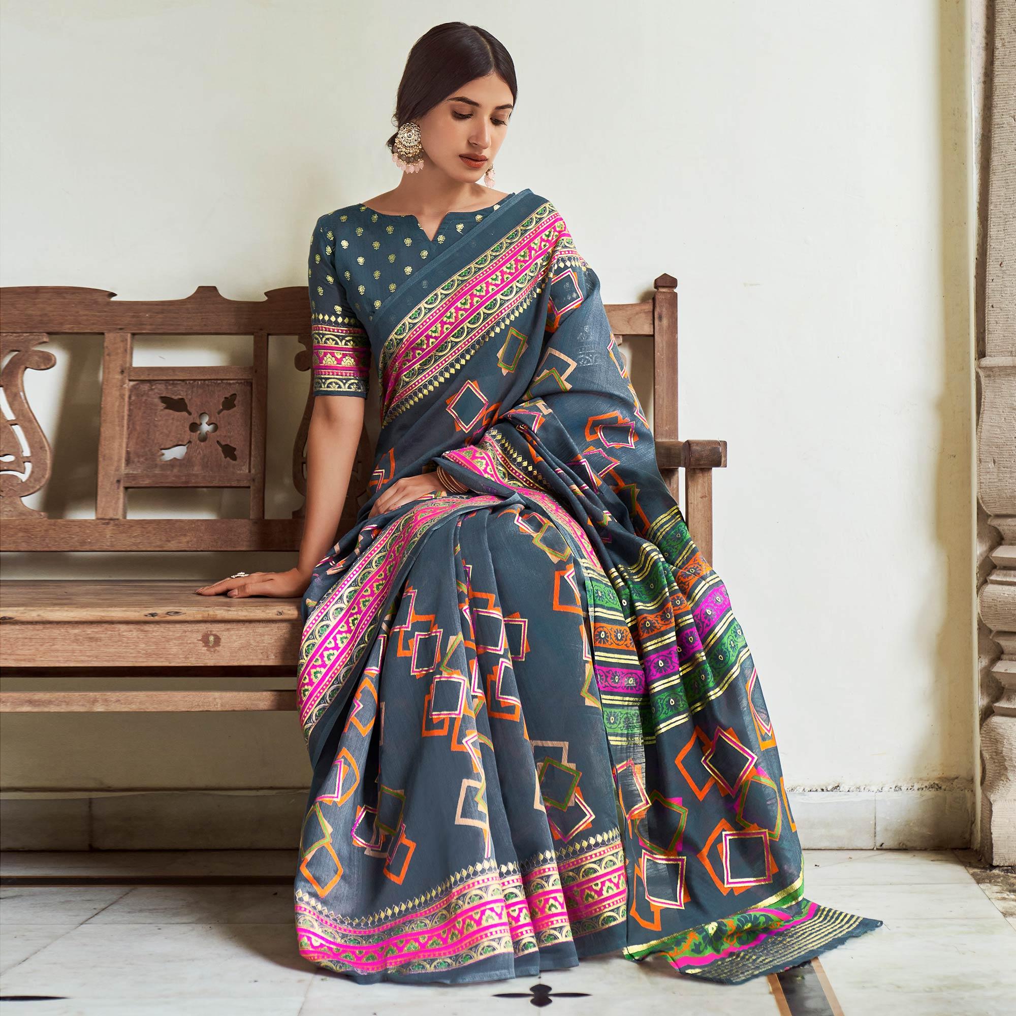 Grey Foil Digital Printed Poly Cotton Saree - Peachmode