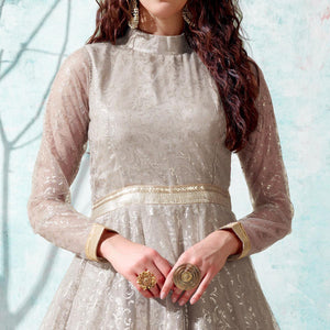 Grey Foil Printed Netted Gown - Peachmode