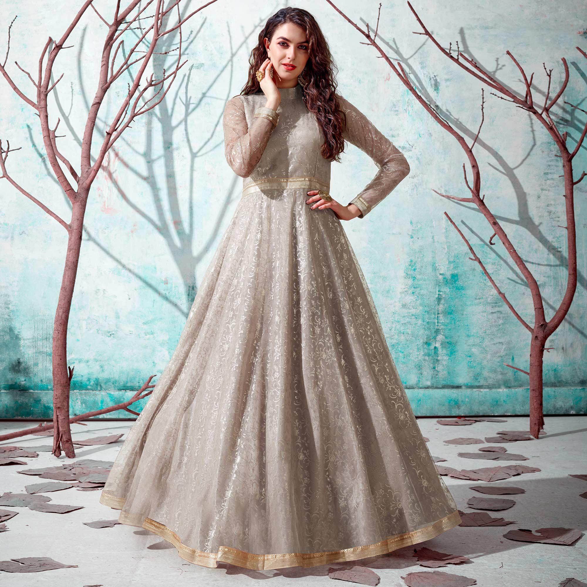 Grey Foil Printed Netted Gown - Peachmode