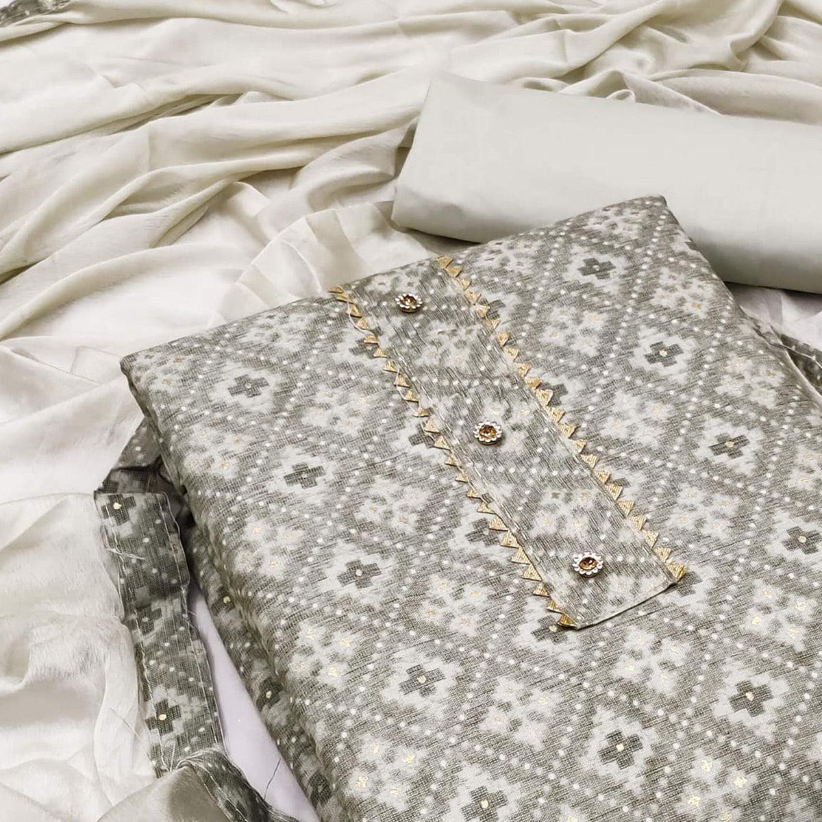 Grey Foil Printed Rayon Dress Material - Peachmode