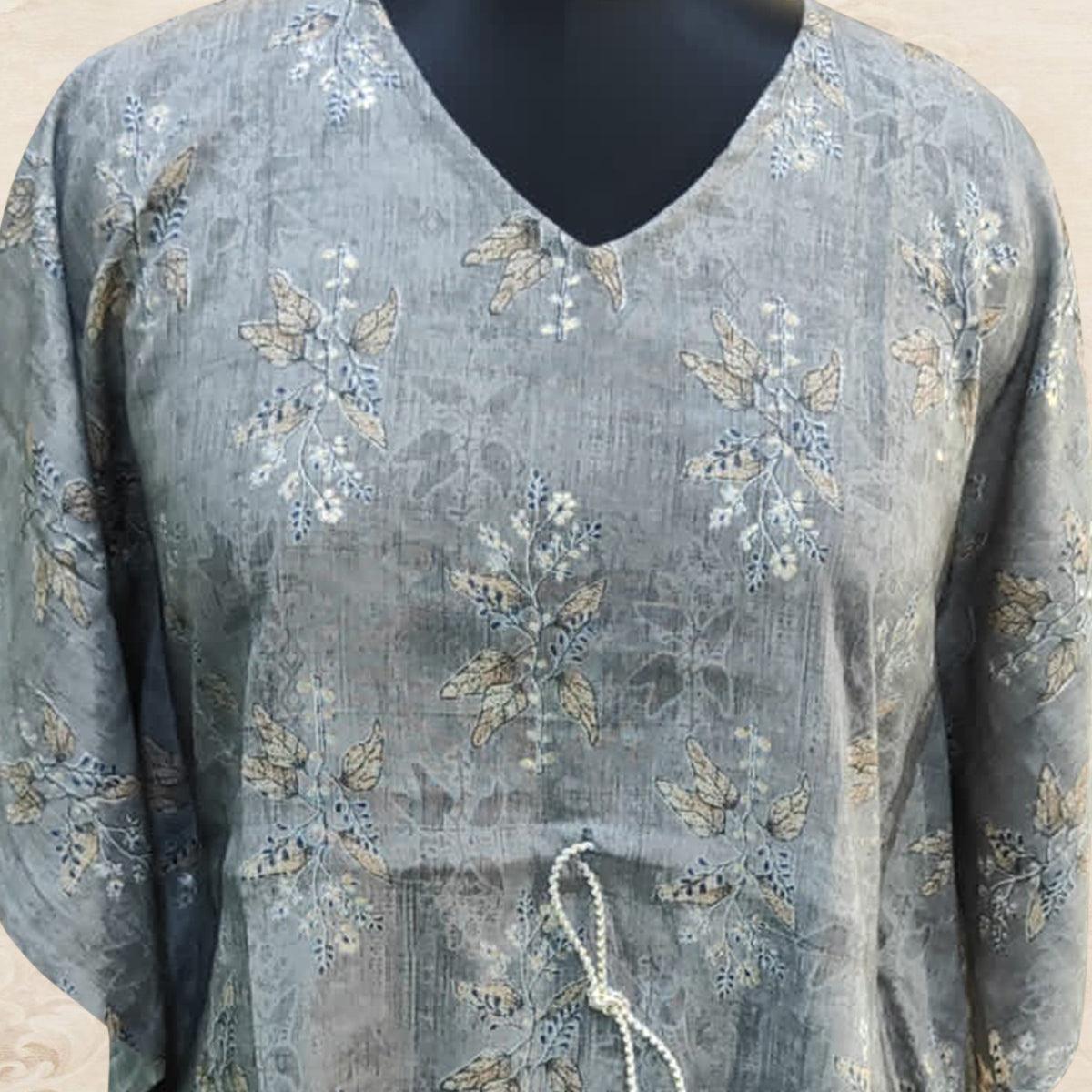 Grey Foil Printed Rayon Kaftan Style Top - Peachmode