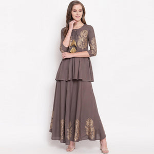 Grey Foil Printed Rayon Kurti-Skirt Set - Peachmode