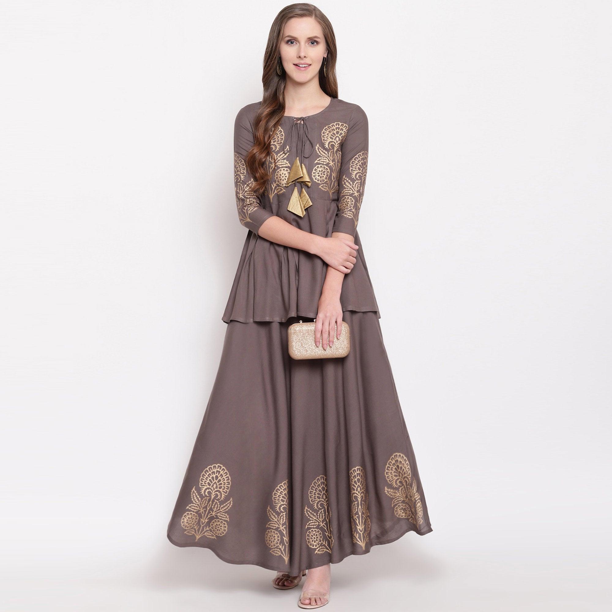 Grey Foil Printed Rayon Kurti-Skirt Set - Peachmode