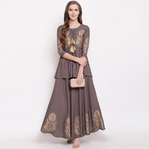 Grey Foil Printed Rayon Kurti-Skirt Set - Peachmode