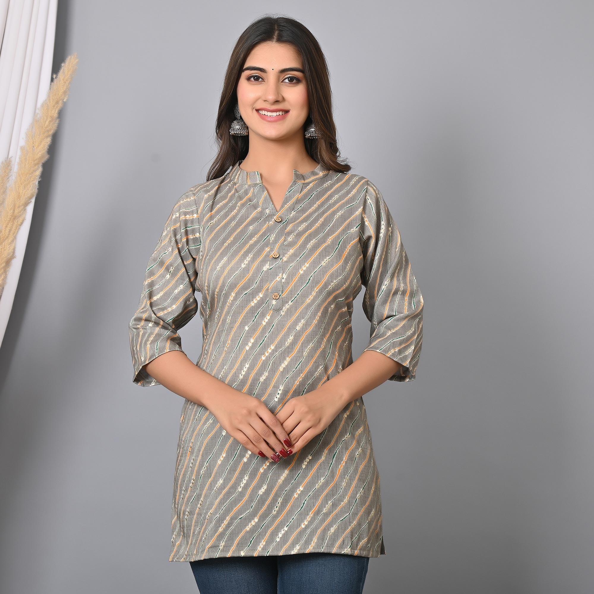 Grey Foil Printed Rayon Top - Peachmode