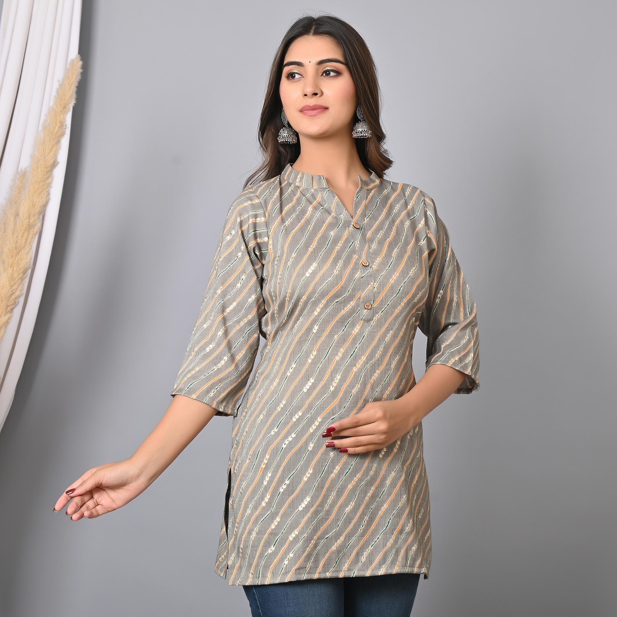 Grey Foil Printed Rayon Top - Peachmode