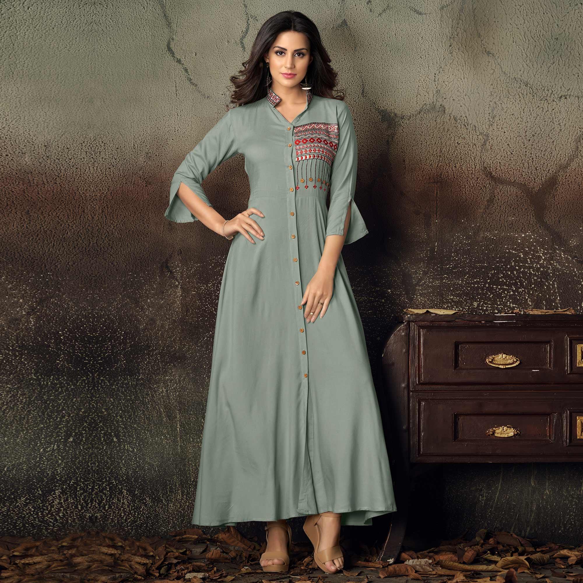 Grey Geometric Embroidered Rayon Kurti - Peachmode