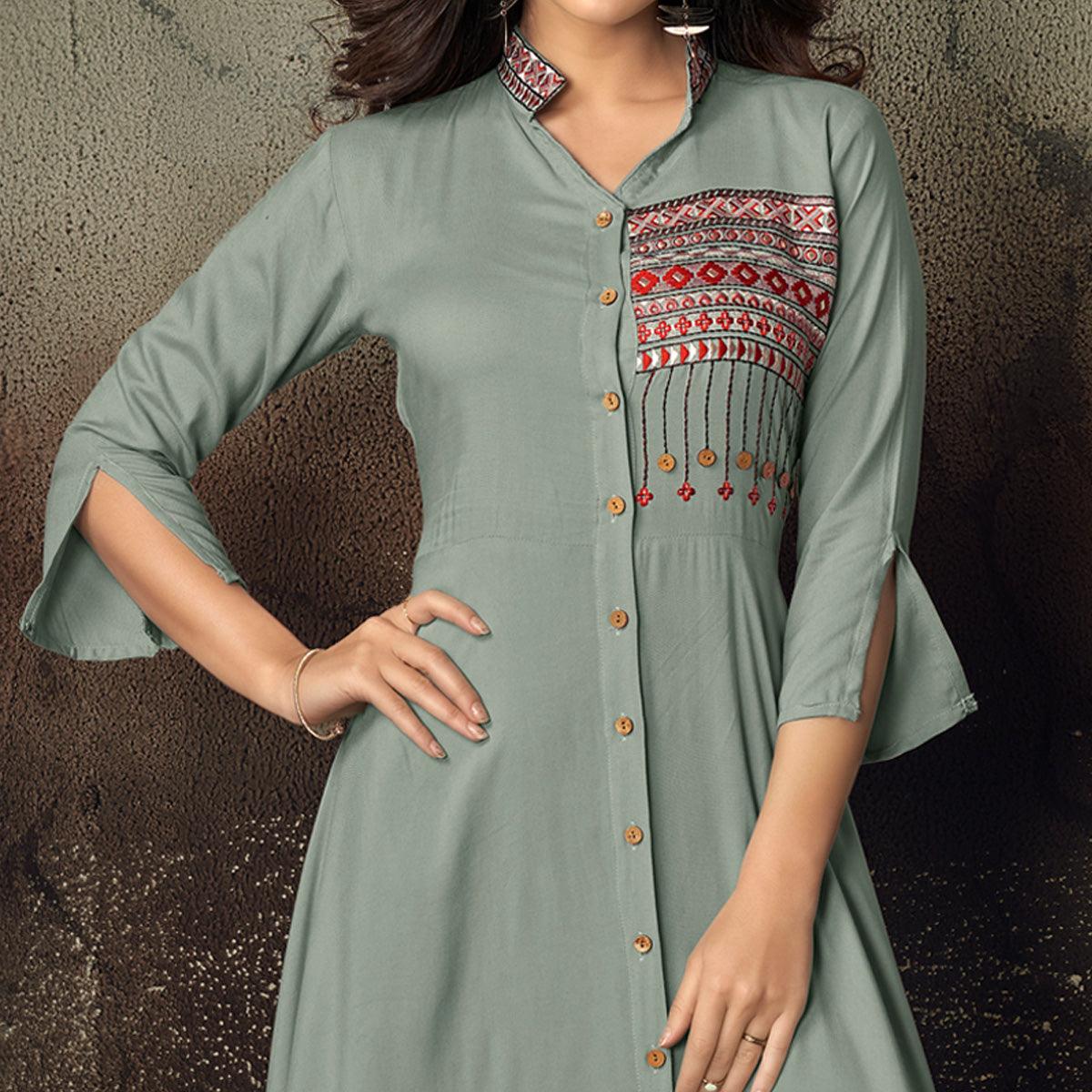 Grey Geometric Embroidered Rayon Kurti - Peachmode