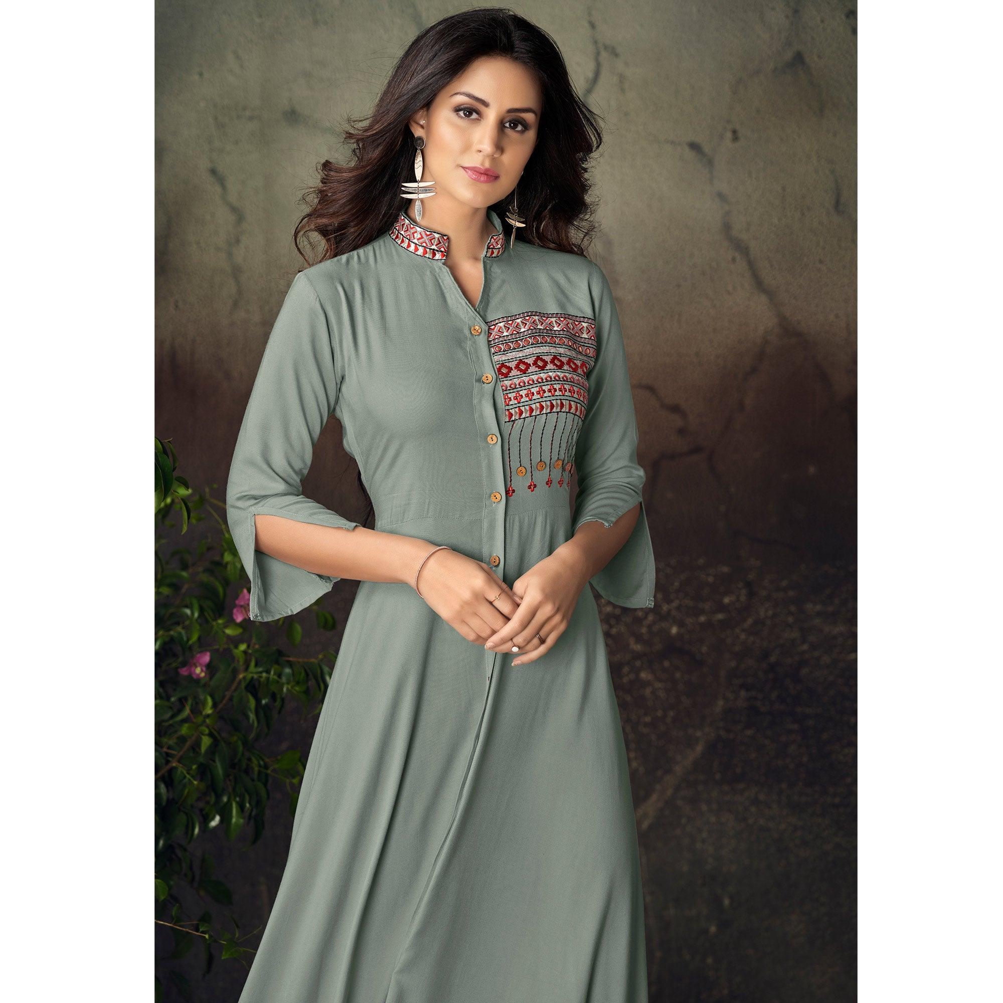 Grey Geometric Embroidered Rayon Kurti - Peachmode