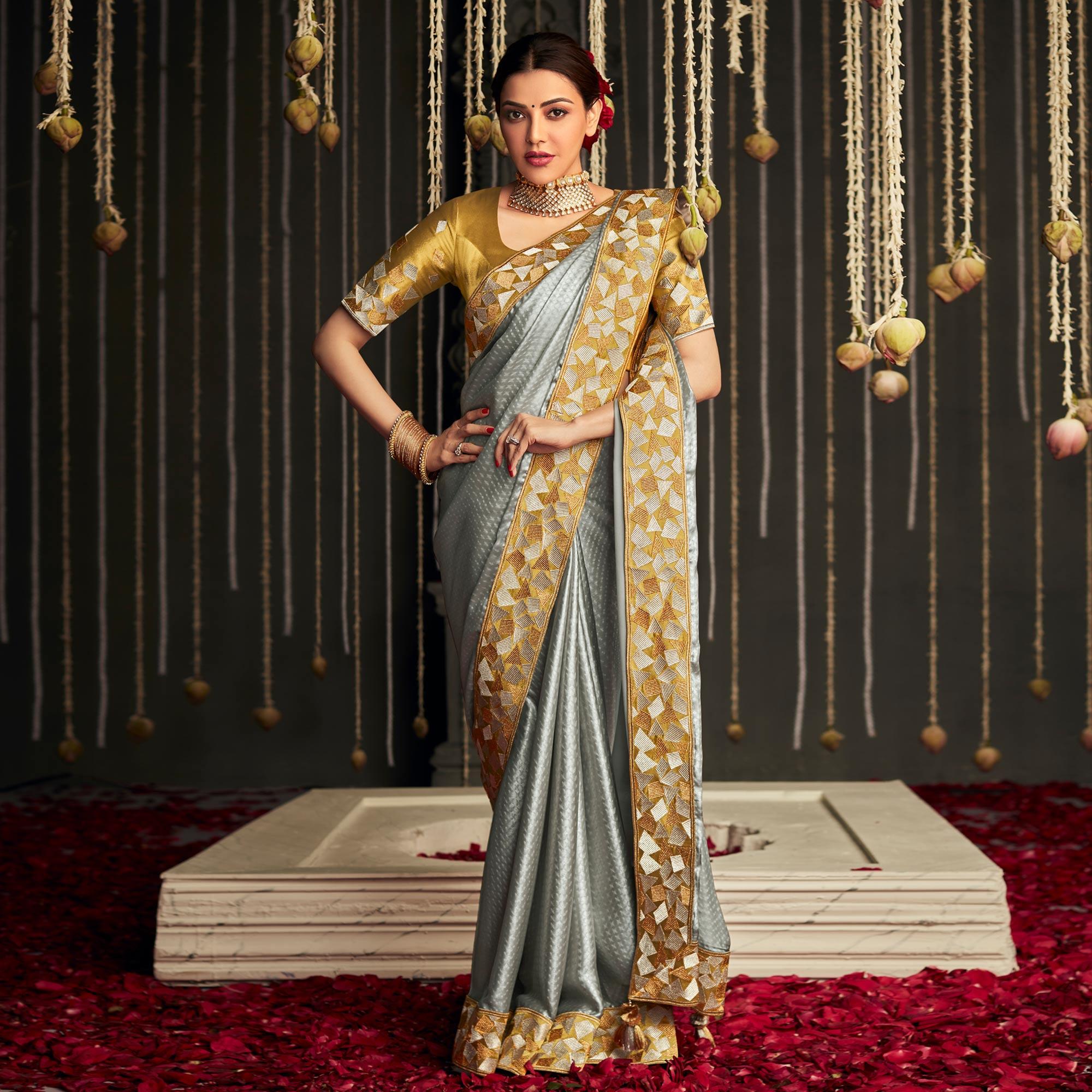 Grey Geometric Printed Art Silk Saree With Tassels - Peachmode