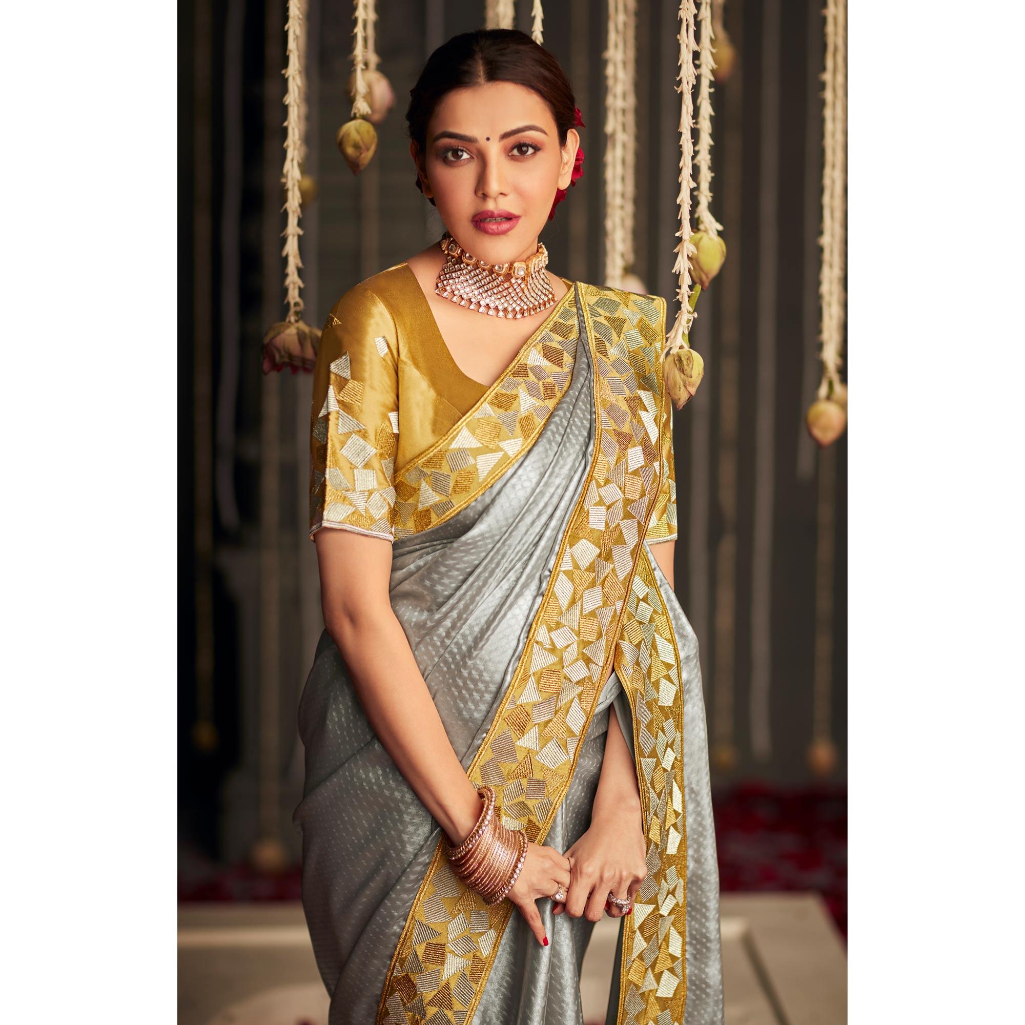 Grey Geometric Printed Art Silk Saree With Tassels - Peachmode