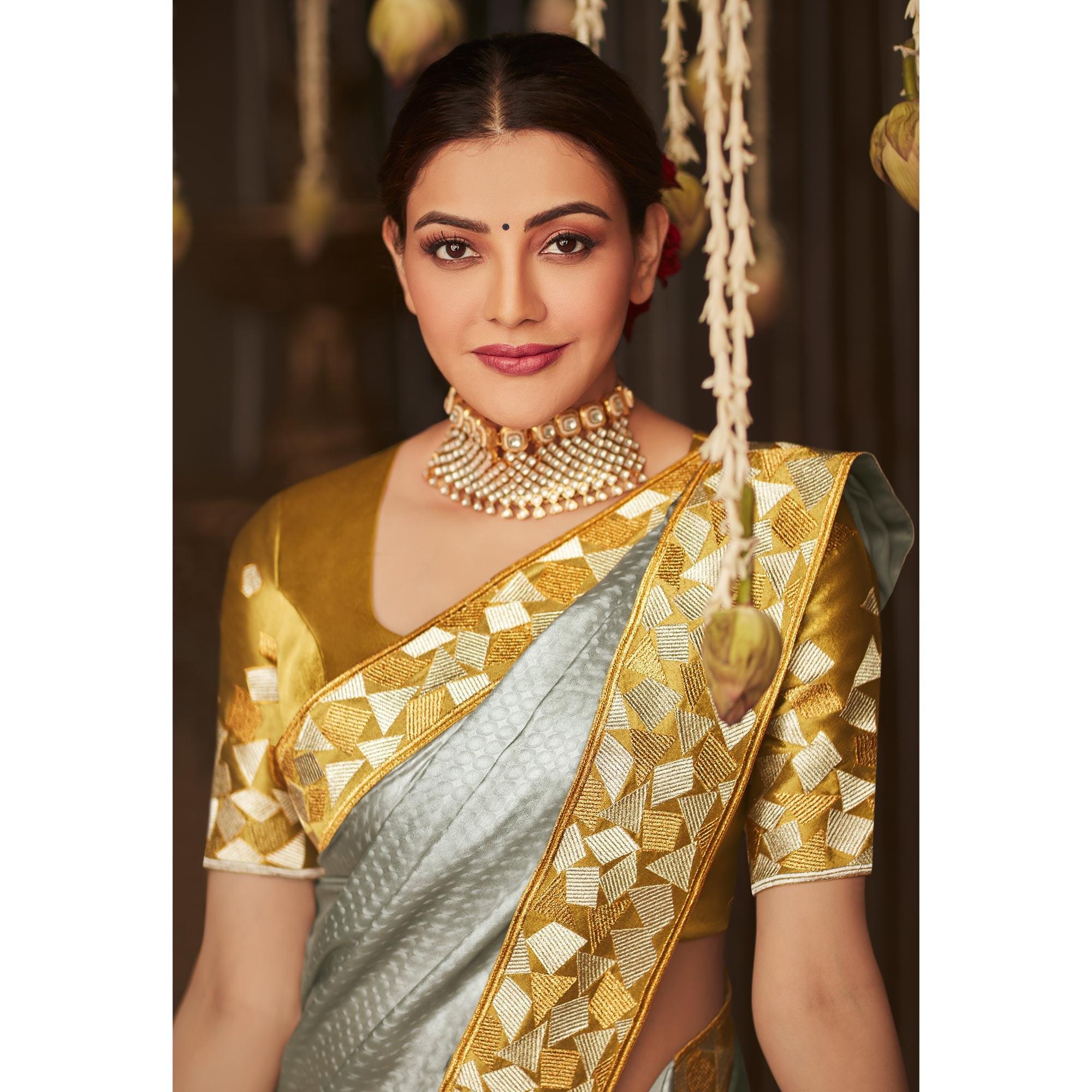 Grey Geometric Printed Art Silk Saree With Tassels - Peachmode