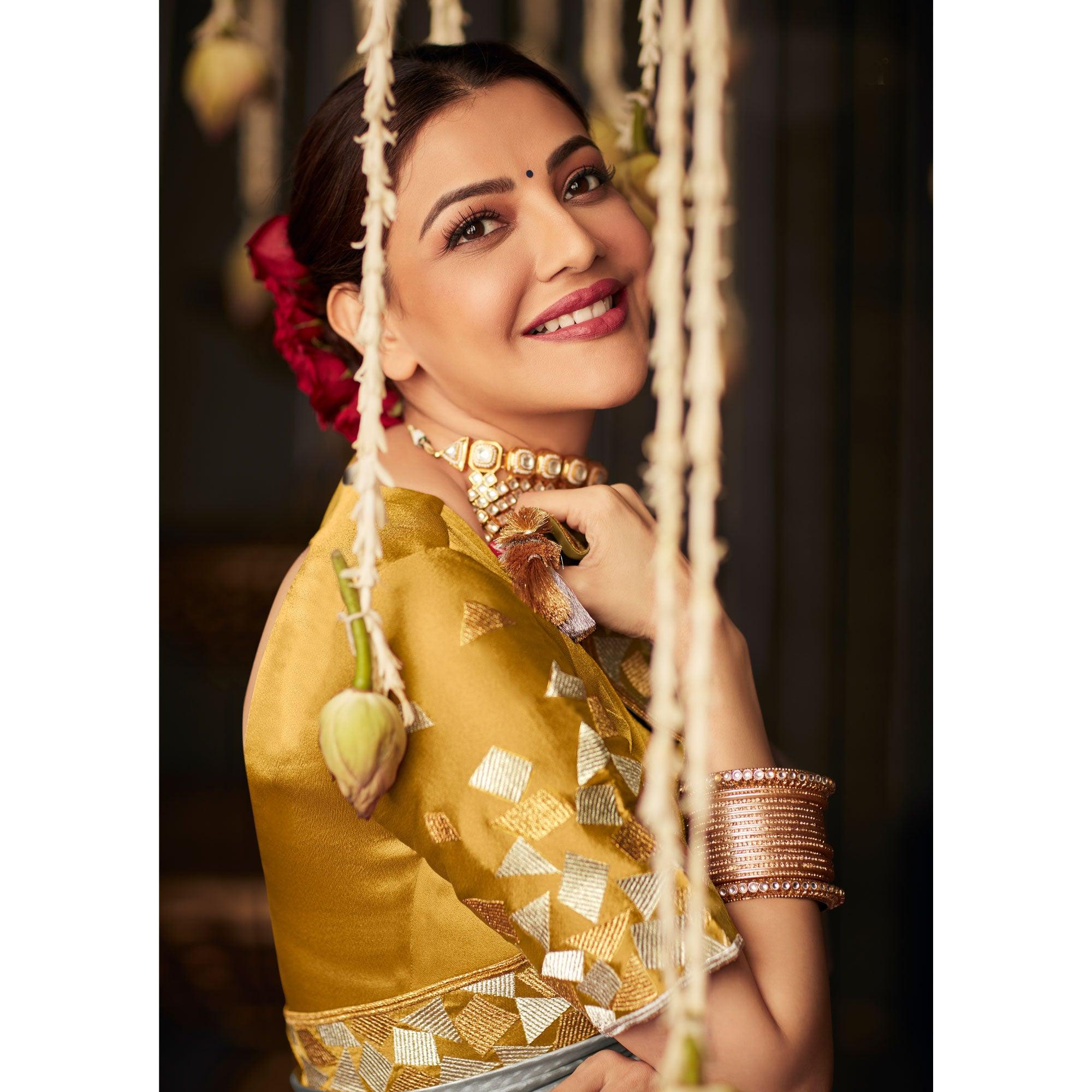 Grey Geometric Printed Art Silk Saree With Tassels - Peachmode