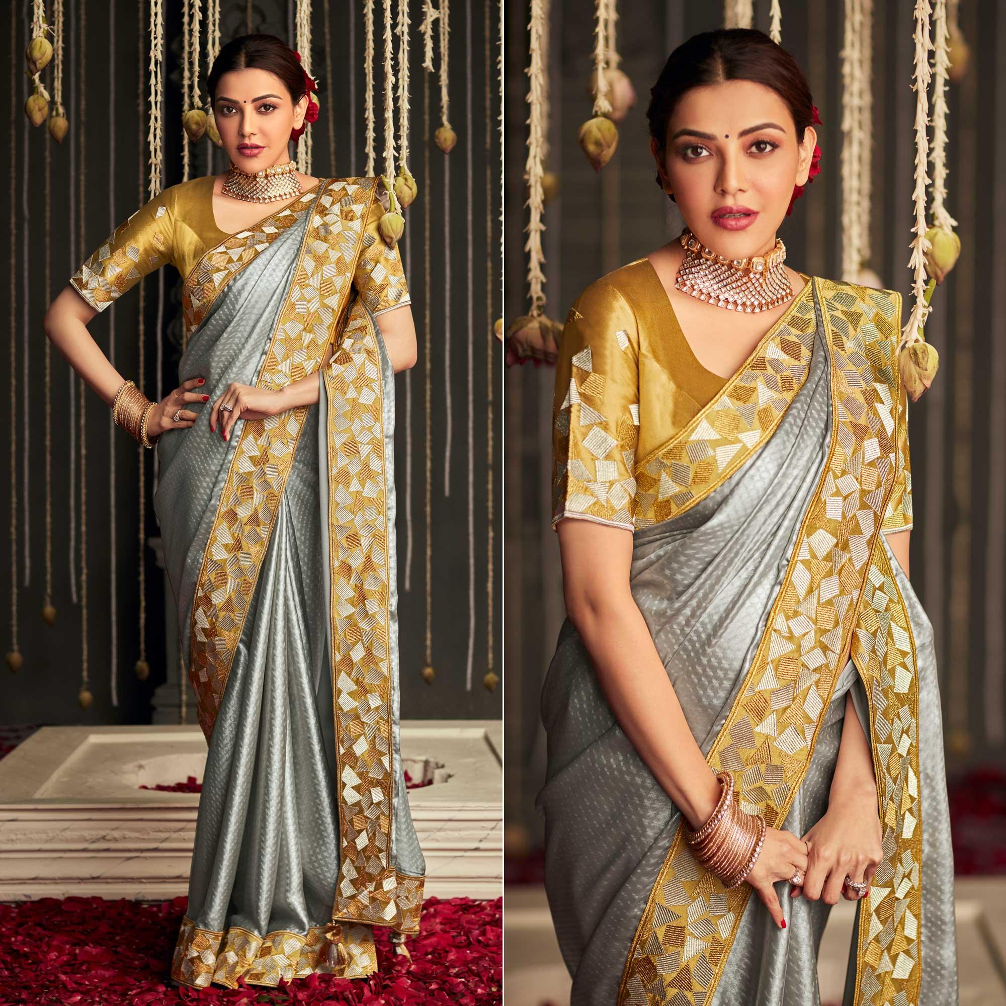 Grey Geometric Printed Art Silk Saree With Tassels - Peachmode
