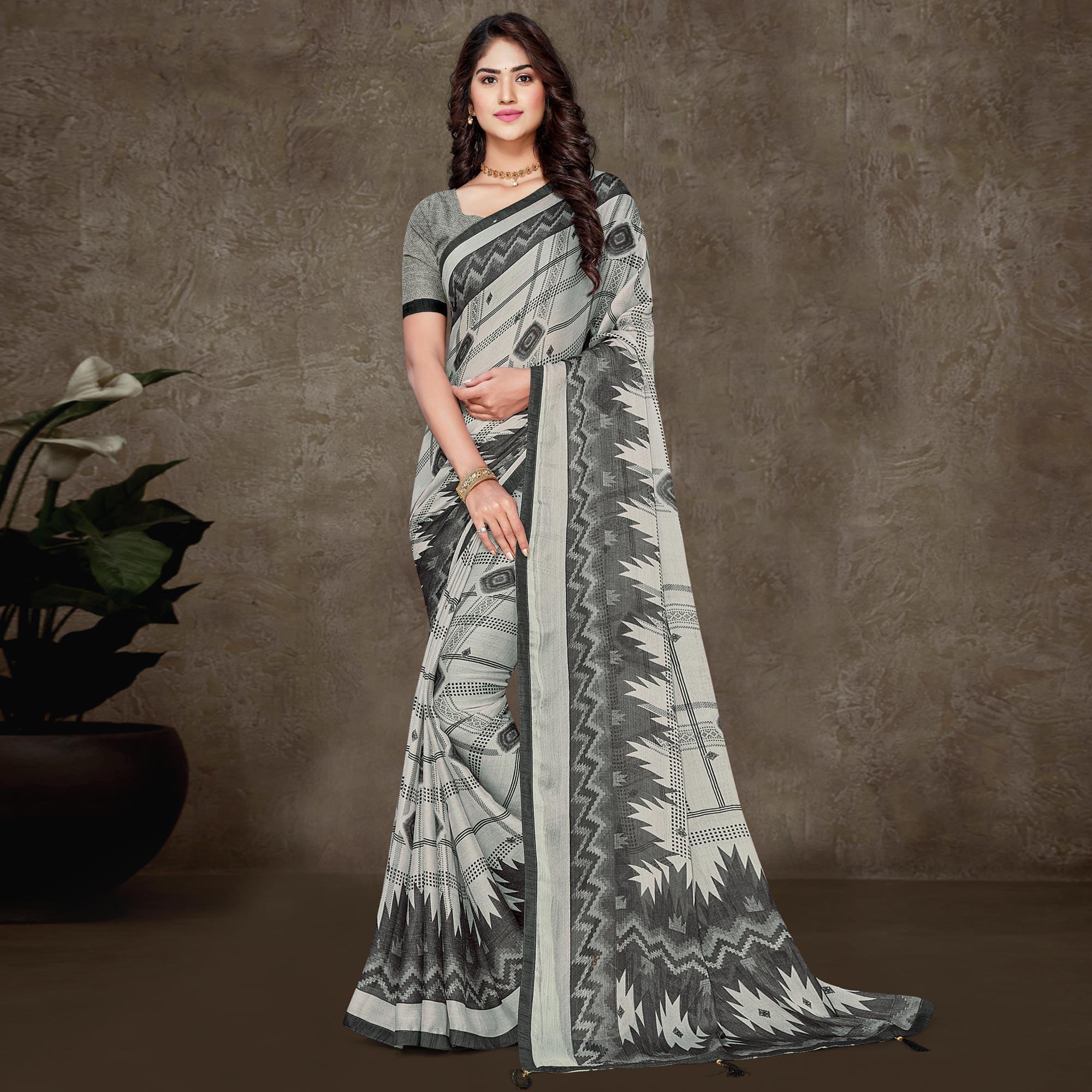 Grey Geometric Printed Chiffon Saree With Tassels - Peachmode