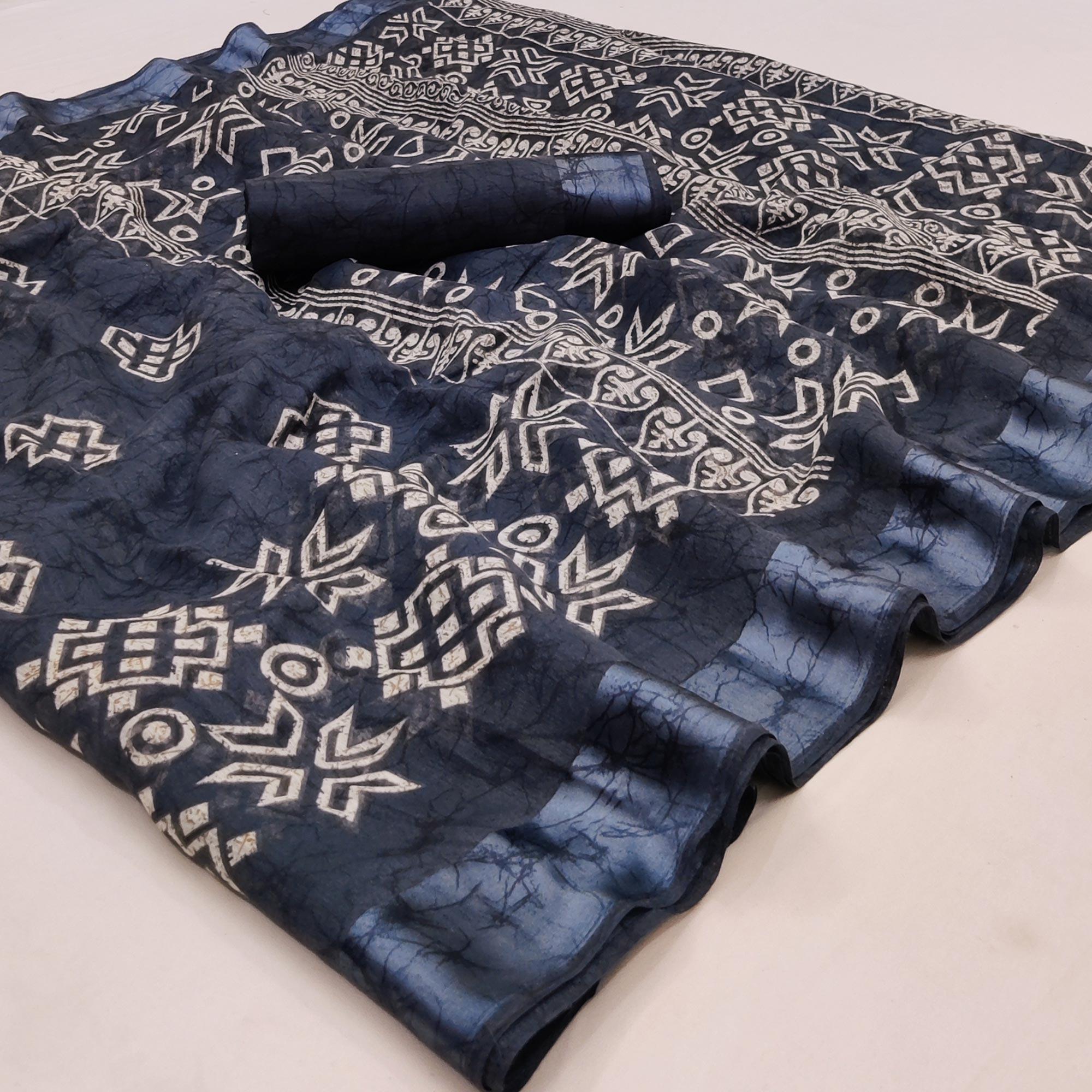 Grey Geometric Printed Linen Saree - Peachmode