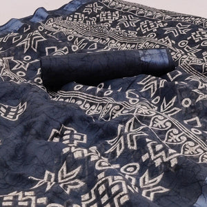 Grey Geometric Printed Linen Saree - Peachmode