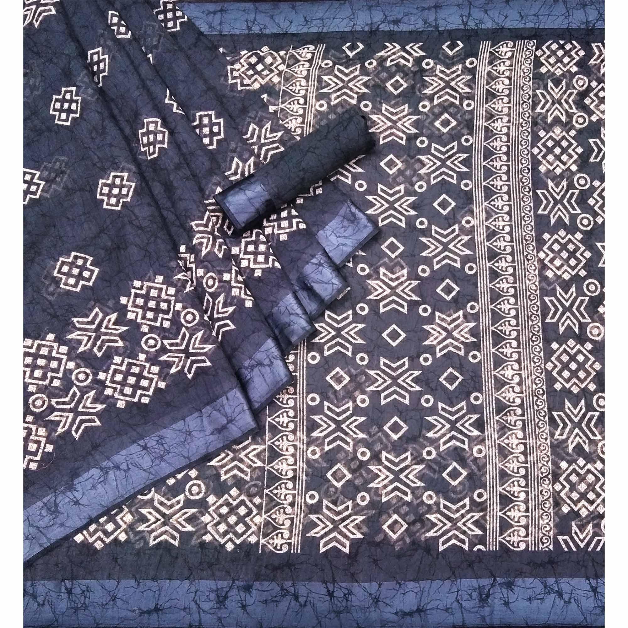 Grey Geometric Printed Linen Saree - Peachmode