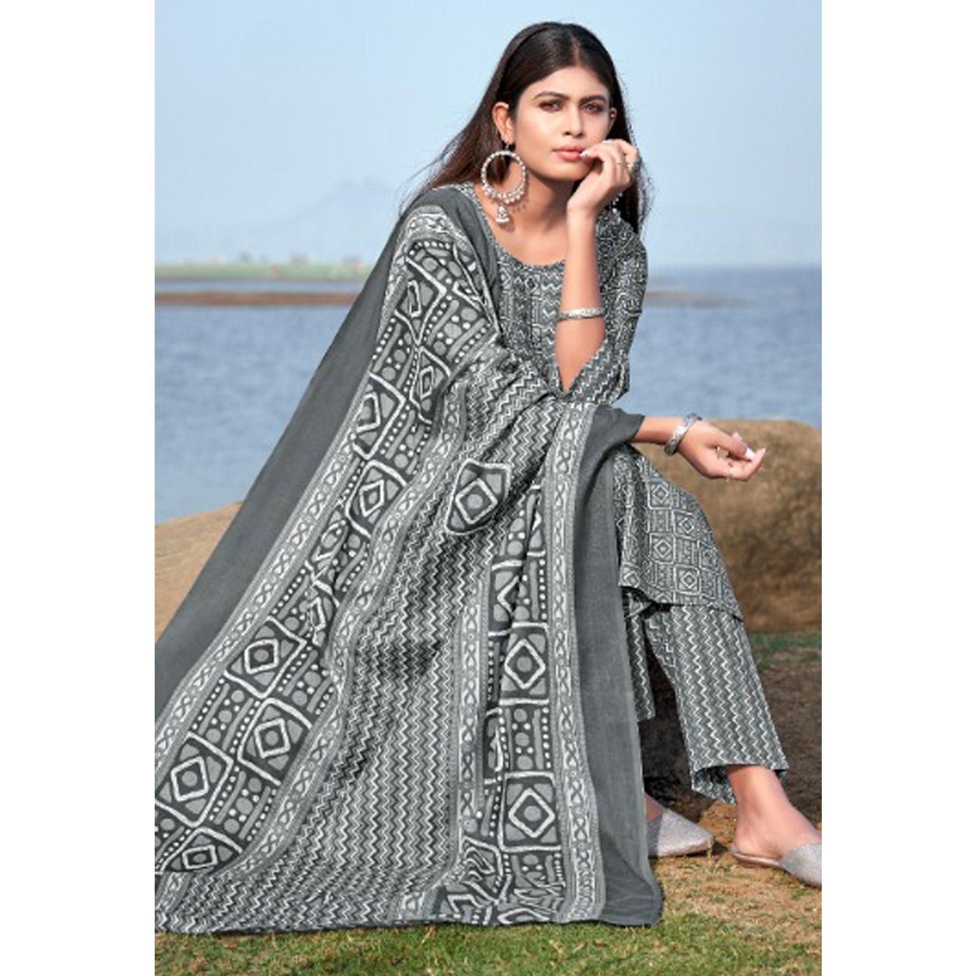 Grey Geometric Printed Pure Cotton Kurti Pant Set With Dupatta - Peachmode