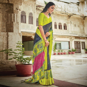 Grey-Green Festive Wear Printed Brasso Saree - Peachmode