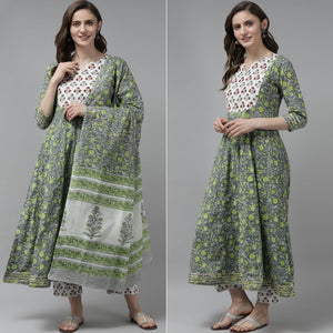 Grey-Green Floral Printed Pure Cotton Anarkali Suit - Peachmode