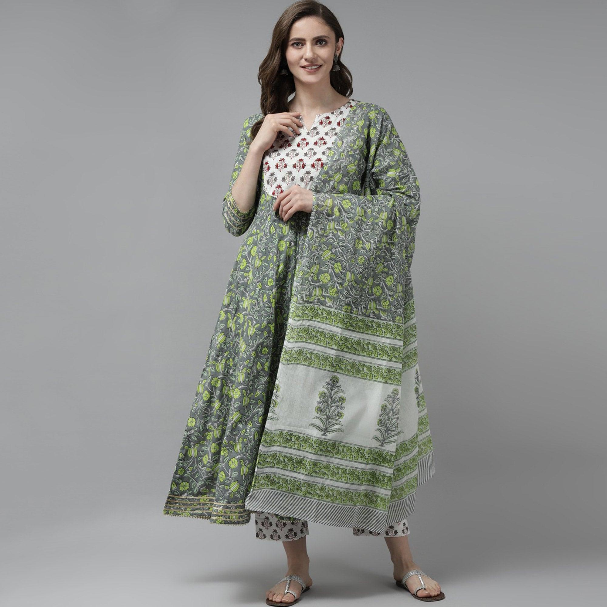 Grey-Green Floral Printed Pure Cotton Anarkali Suit