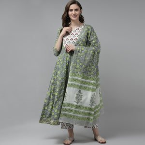 Grey-Green Floral Printed Pure Cotton Anarkali Suit - Peachmode